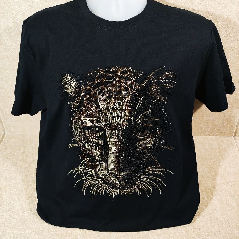 Leopard Rhinestone Short Sleeve T-shirt -D